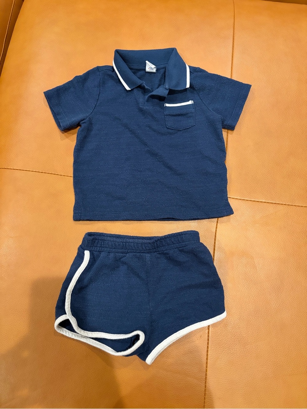 Navy Polo Top & Shorts Set with White Trim